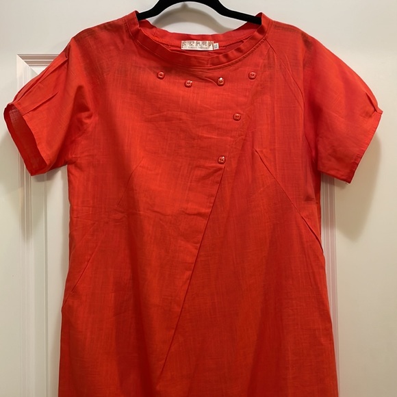 Classic Fashion Orange Linen Short Sleeve Dress - Picture 3 of 8